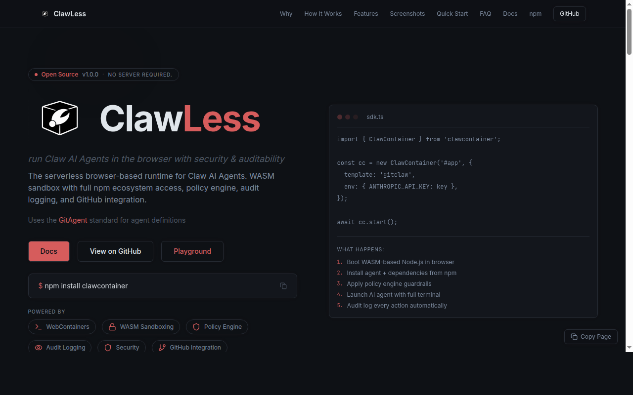 ClawLess Infrastructure tool screenshot — openclaw.ai